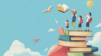 Illustration of children reading books in classroom cheerfully