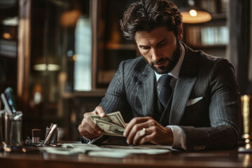 Businessman counting stack of hundred dollar bills at his office desk. Mature man in business suit...