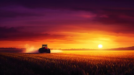 Fototapeta premium Tractor Working Golden Field Sunset Landscape