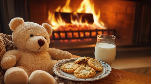 A plush teddy bear sits at a small table, eagerly gazing at a plate of freshly baked cookies and a glass of milk