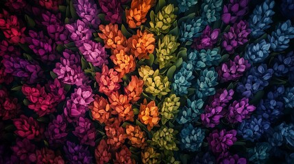 Aerial view of a colorful tulip field arranged in neat rows 