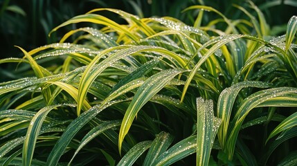 Close-up of dewy green grass blades with soft light reflecting on the water droplets