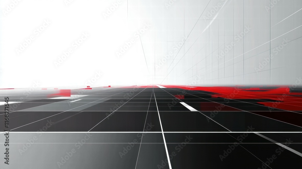 Poster abstract digital landscape with grid lines and red accents, suggesting a futuristic theme.