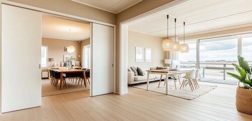 Fototapeta premium Office with sliding doors connects to living and dining area.