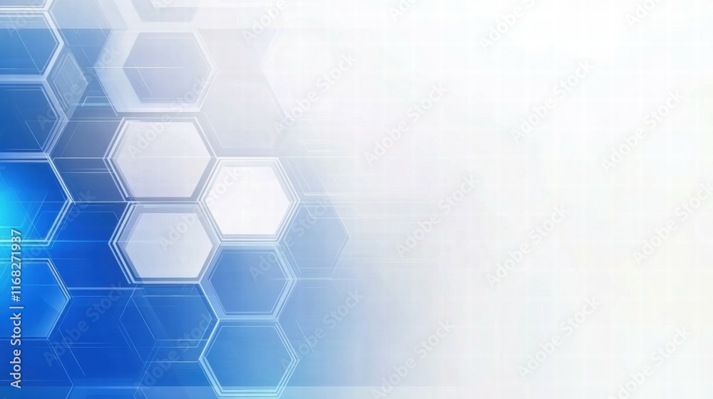 Poster Abstract blue hexagonal pattern with a light background, suitable for technology themes.
