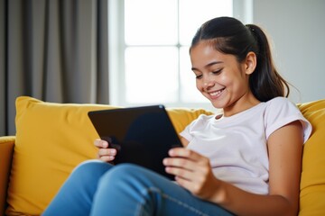 Young Girl Enjoying Digital Time on Couch with Tablet - Perfect for Advertising Technology, Learning, or Family Life Concepts