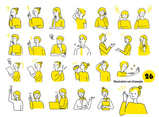 シンプルな女性と男性の人物表情イラストセット　ベクター素材モノトーン