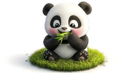 Fototapeta premium Adorable Baby Panda Cub Eating Bamboo on Grass Cute Cartoon Animal Illustration
