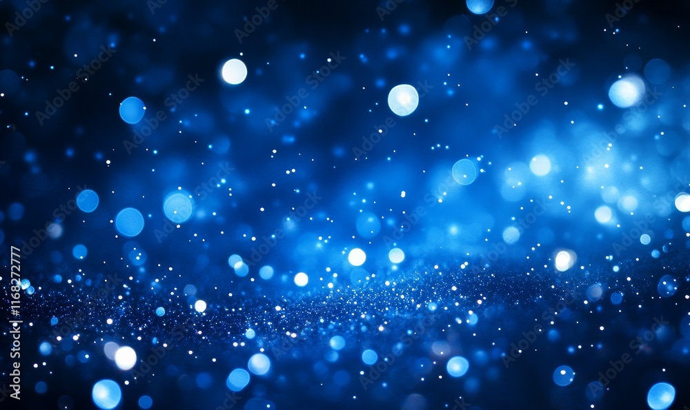 Poster abstract blue bokeh background with glittering lights.