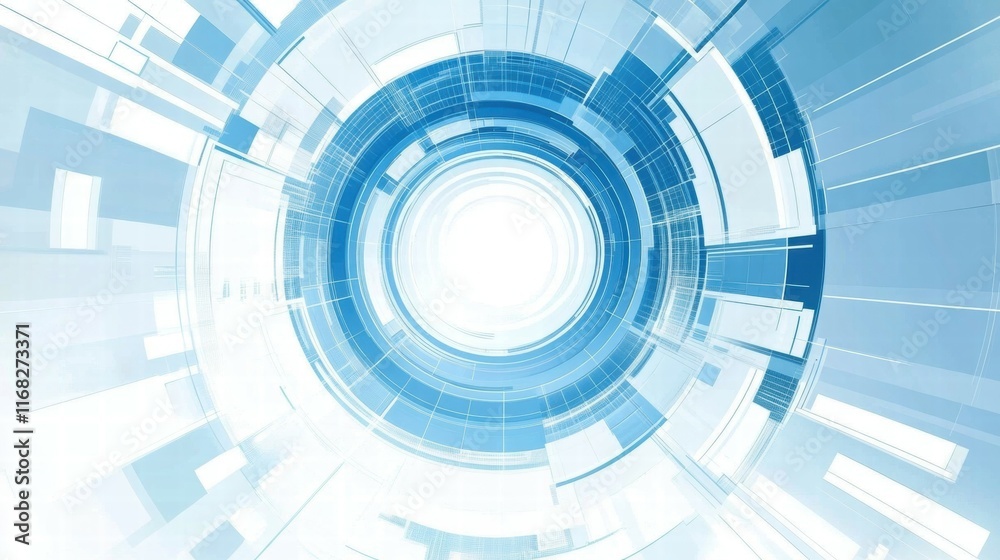 Poster Abstract digital design featuring concentric circles and geometric patterns in blue tones.
