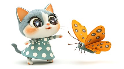 Fototapeta premium Adorable Cartoon Kitten in Polka Dot Dress Playing with Butterfly