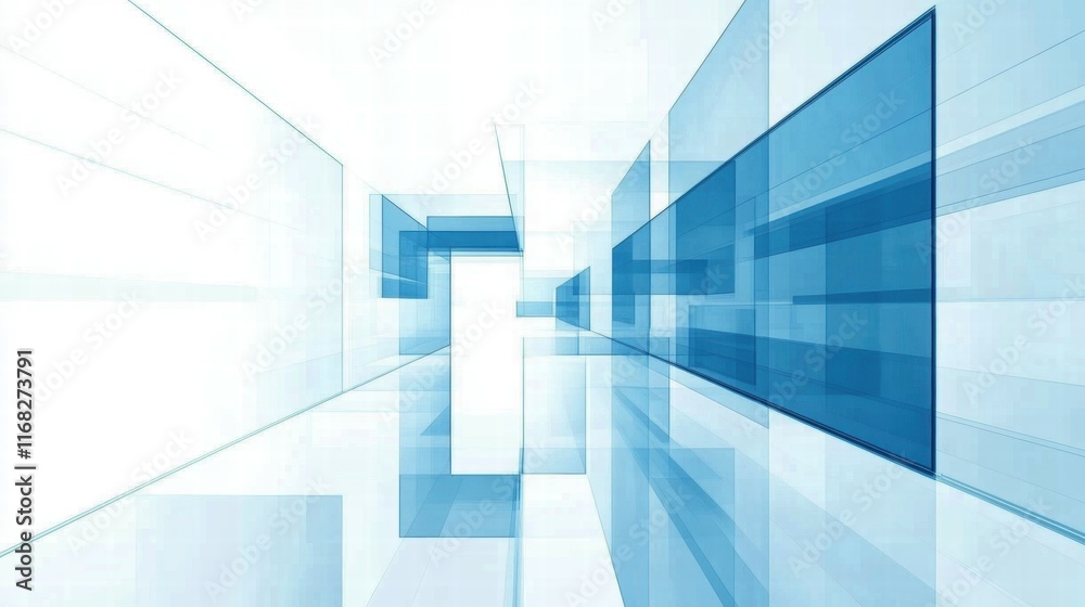 Poster Abstract blue and white geometric design creating a sense of depth and perspective.