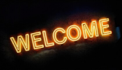 A bright neon sign displaying the word "WELCOME" in glowing orange against a dark background.