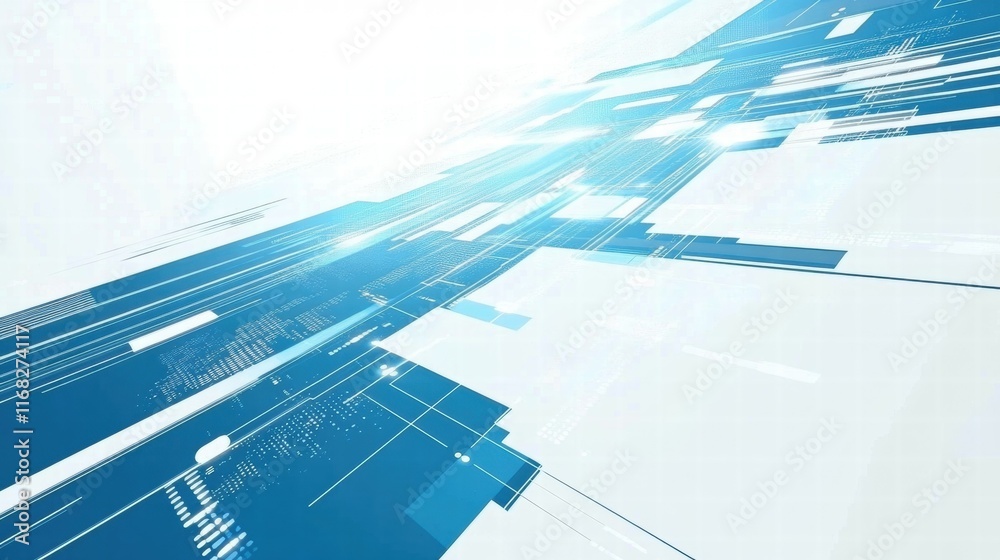Poster abstract digital background with blue and white geometric shapes and lines.