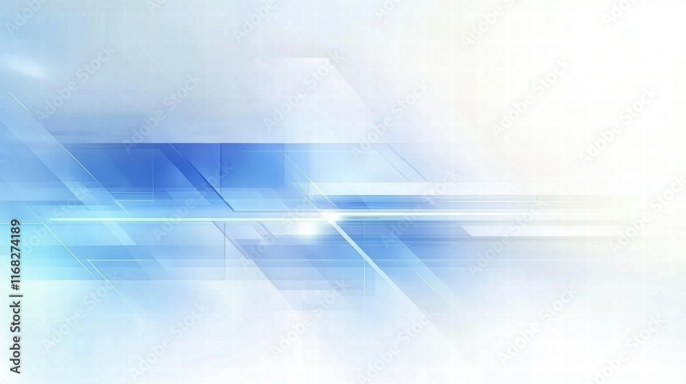Poster abstract blue and white graphic design with geometric shapes and light effects.