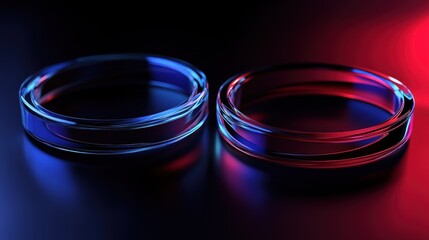Abstract background of Two glass Rings with red and blue light reflections on a dark background