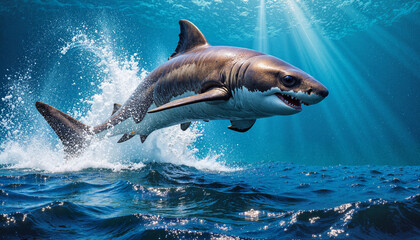 Naklejka premium Great white shark breaching in vibrant ocean depths, power and grace