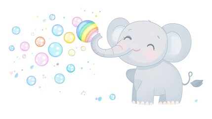Fototapeta premium Adorable Baby Elephant Blowing Rainbow Bubbles Cute Cartoon Illustration Nursery Decor