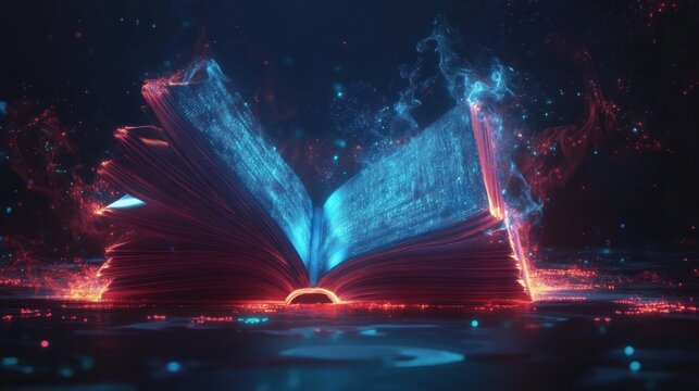 Futuristic Digital Open Book with Holographic Pages Geometric Shapes Technology Education