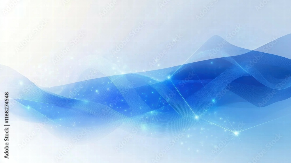 Poster Abstract blue wave design with soft gradients and sparkles, ideal for backgrounds or presentations.
