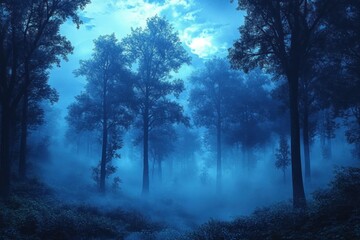 Obraz premium Misty Twilight Forest with Ethereal Fog and Enchanted Trees in Dark Blue Colors