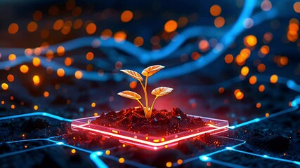Neon-lit sprout in digital landscape; growth, technology.