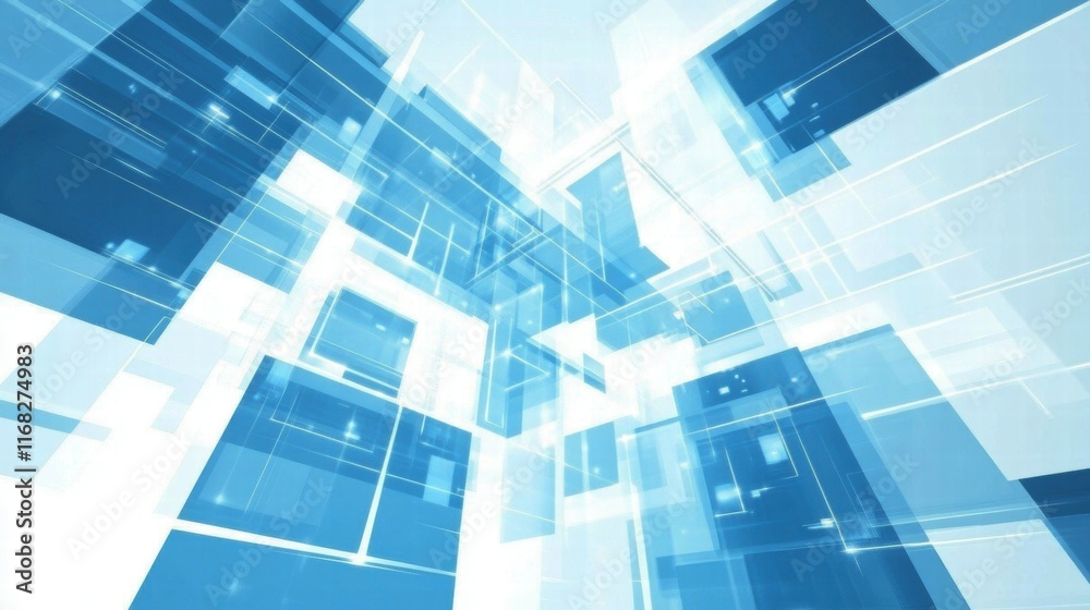 Poster abstract geometric shapes in blue tones, creating a digital, futuristic atmosphere.