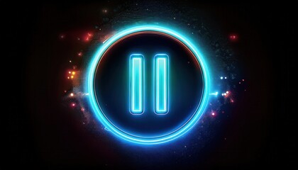 A glowing pause symbol surrounded by colorful sparks and a neon halo, set against a dark background.