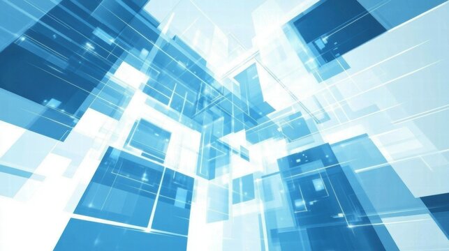 Abstract geometric shapes in blue tones, creating a digital, futuristic atmosphere.