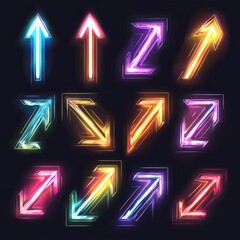 Colorful Neon Arrows in Various Directions for Dynamic Visual Communication and Design Elements