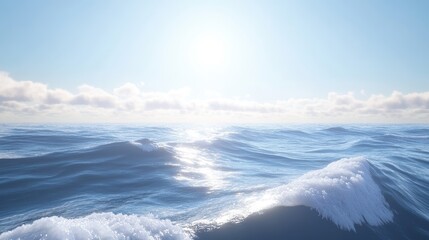 Calm ocean waves under a clear blue sky with a gentle breeze and soft sunlight