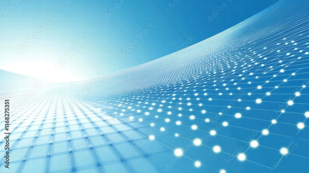 Poster Abstract blue background with a grid pattern and glowing dots, suggesting technology and data.