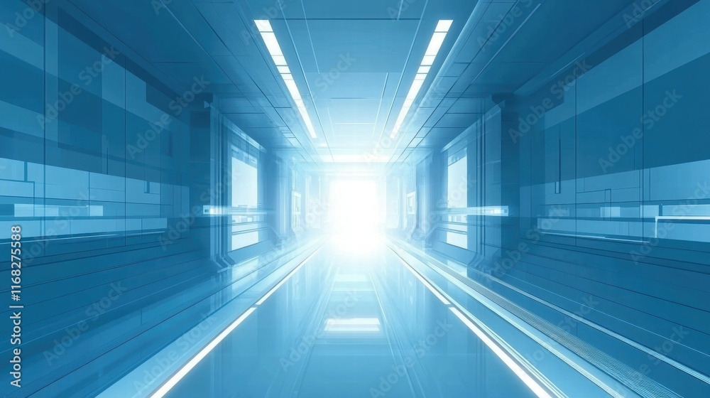 Poster a futuristic corridor illuminated by bright light, suggesting a pathway or transition.