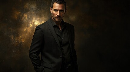 Obraz premium Mysterious Man in Black Suit, Dark Dramatic Portrait Photography