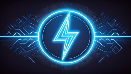 A glowing blue lightning bolt symbol set against a dark circuit-like background, representing energy and technology.