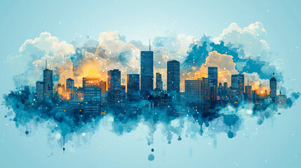 Fototapeta premium Vibrant city skyline with watercolor effects and a glowing sunrise