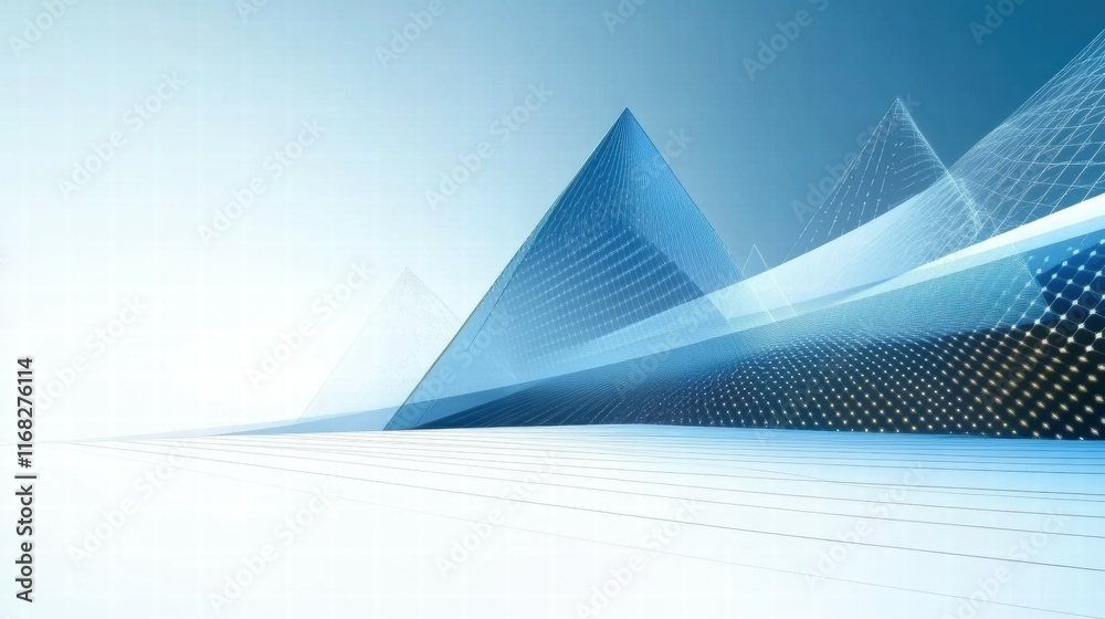 Aufkleber abstract geometric design featuring blue pyramids and smooth lines, conveying modernity.