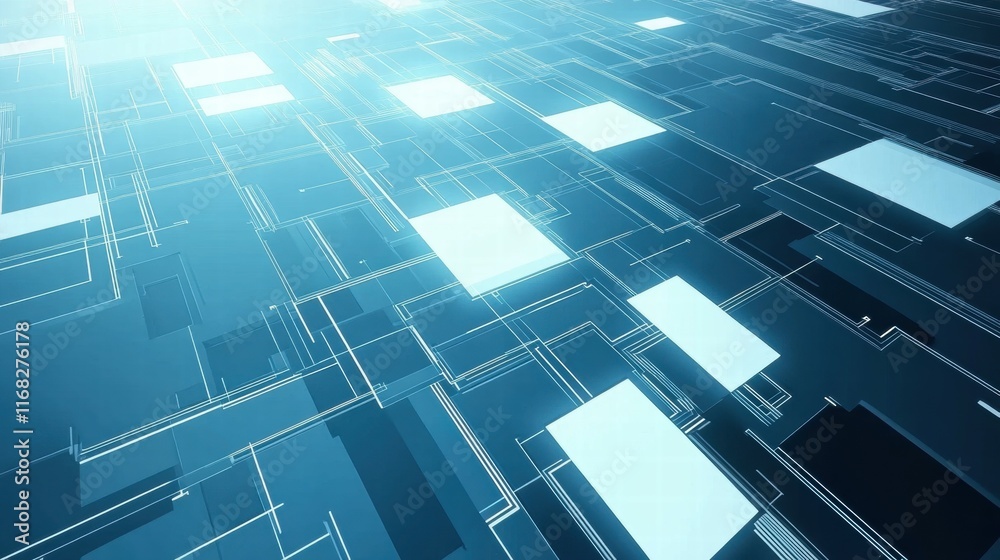 Poster Abstract digital landscape with glowing lines and squares, representing technology and data.