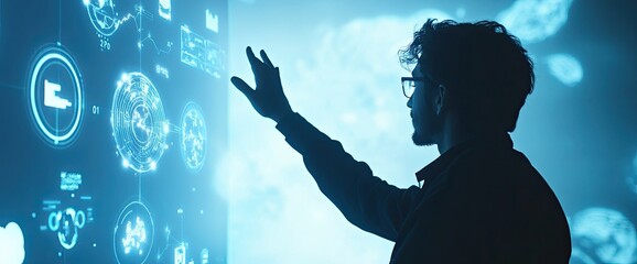 Nurse in black scrubs engages with holographic health data in futuristic healthcare environment