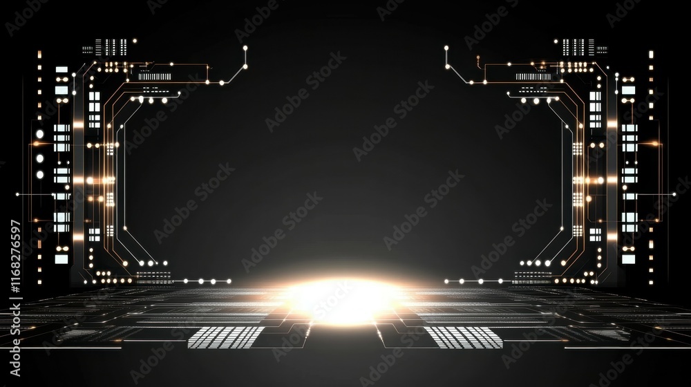Poster Futuristic digital interface with glowing elements and circuit patterns.