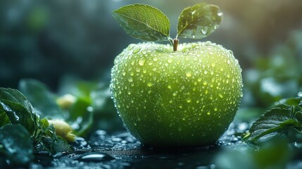 Juicy Green Apple with Dew Drops: A Fresh and Vibrant Image