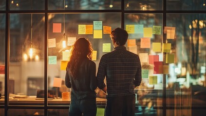 Two coworkers collaborating and brainstorming ideas in a tech startup office.