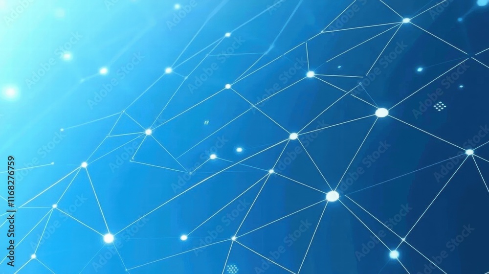 Poster Abstract digital network with nodes and connections on a blue background.