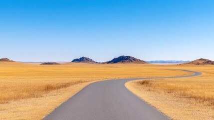 A winding road through a vast golden landscape under a clear sky.