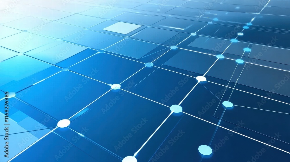 Poster Abstract digital grid with interconnected nodes and squares in blue tones.