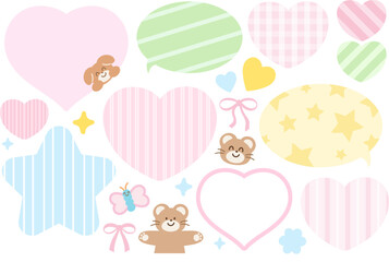 Pastel vector illustrations of teddy bear, puppy, butterfly, ribbon, hearts, stars for text bubbles, cartoon, characters, comic, souvenir shop, animals, text, message, Valentine card, background, icon