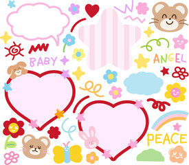 Cute vector illustrations of teddy bear, puppy, hearts, bunny, rainbow, stars for Valentine card, background, backdrop, wallpaper, sticker, text bubbles, animals, pet shop, message, decoration, easter