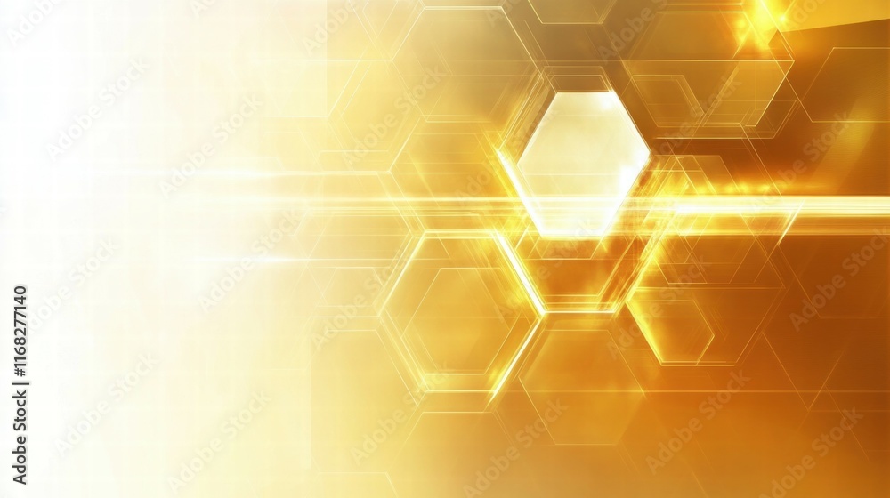 Poster Abstract golden hexagonal pattern with light effects, suitable for backgrounds or graphics.