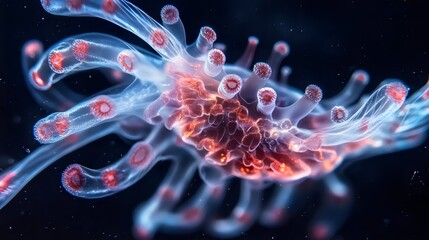 A stunning close-up of a translucent marine organism with vibrant colors and delicate tentacles, showcasing the beauty of underwater life.