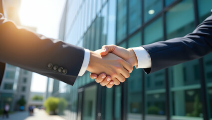 Close-up of a professional handshake between two businesspeople outside a modern office building, symbolizing successful corporate collaboration